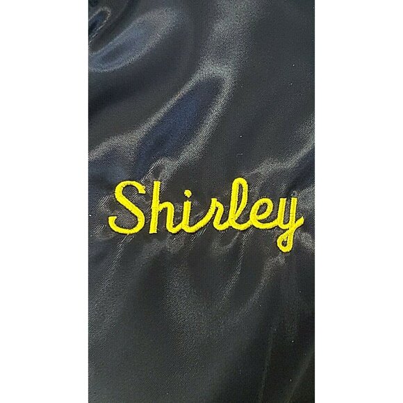 Womens Satin Bomber Windbreaker Jacket M Embroidered Black Flannel Lined USA - Picture 8 of 9